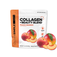 Clean Simple Eats envase frontal con sabor Peach Mango mostrando etiqueta clara y beneficios