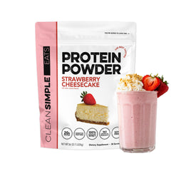 Clean Simple Eats envase frontal sabor Strawberry Cheesecake mostrando presentación apetitosa