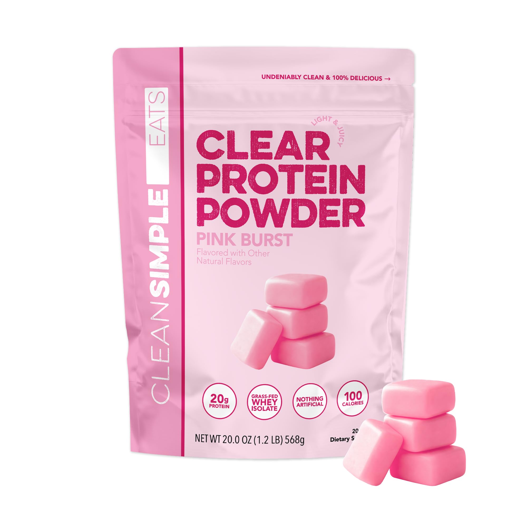 Clean Simple Eats bote frontal con diseño y beneficio de proteína limpia