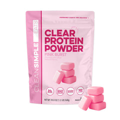 Clean Simple Eats bote frontal con diseño y beneficio de proteína limpia