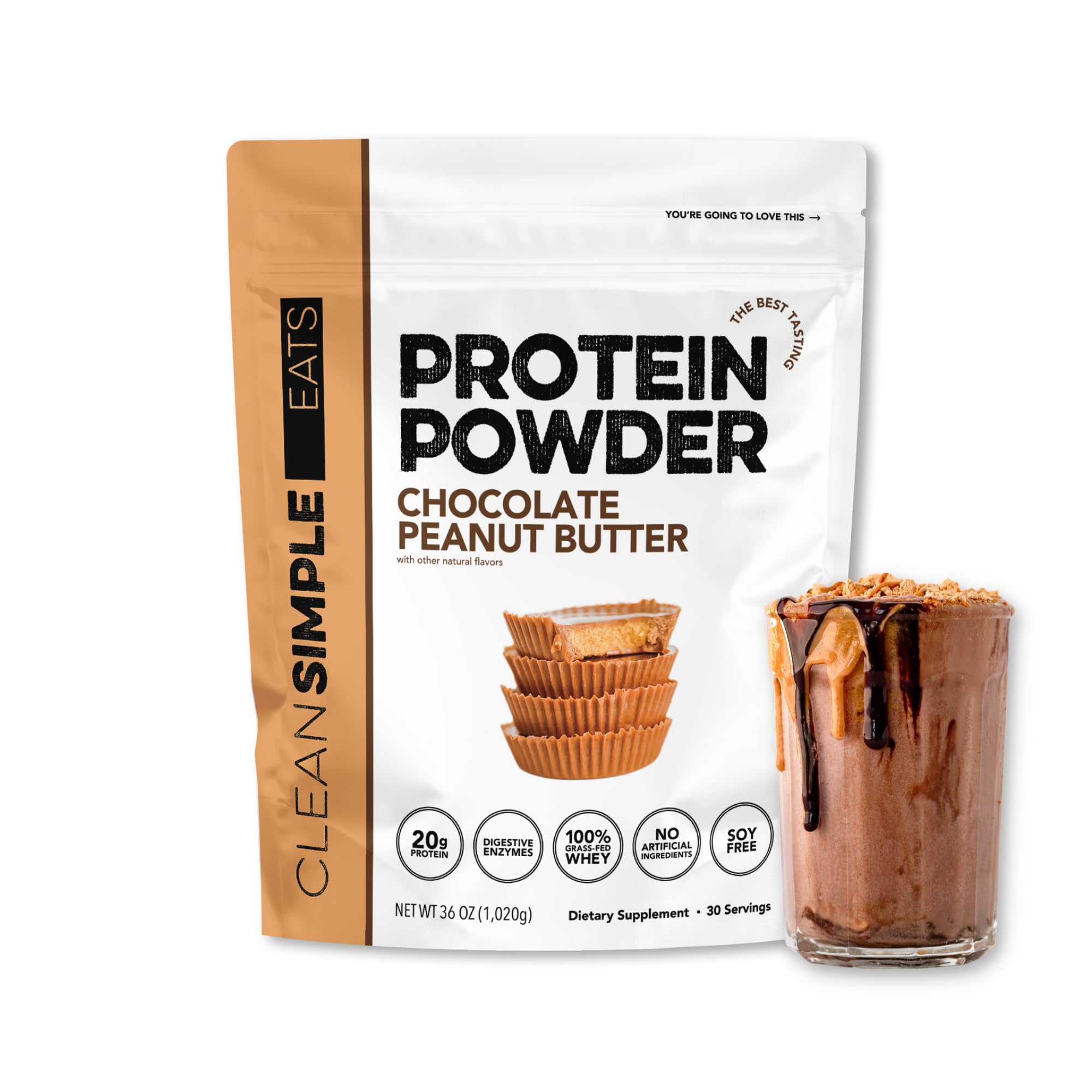 Clean Simple Eats envase frontal mostrando sabor chocolate peanut butter y conveniencia