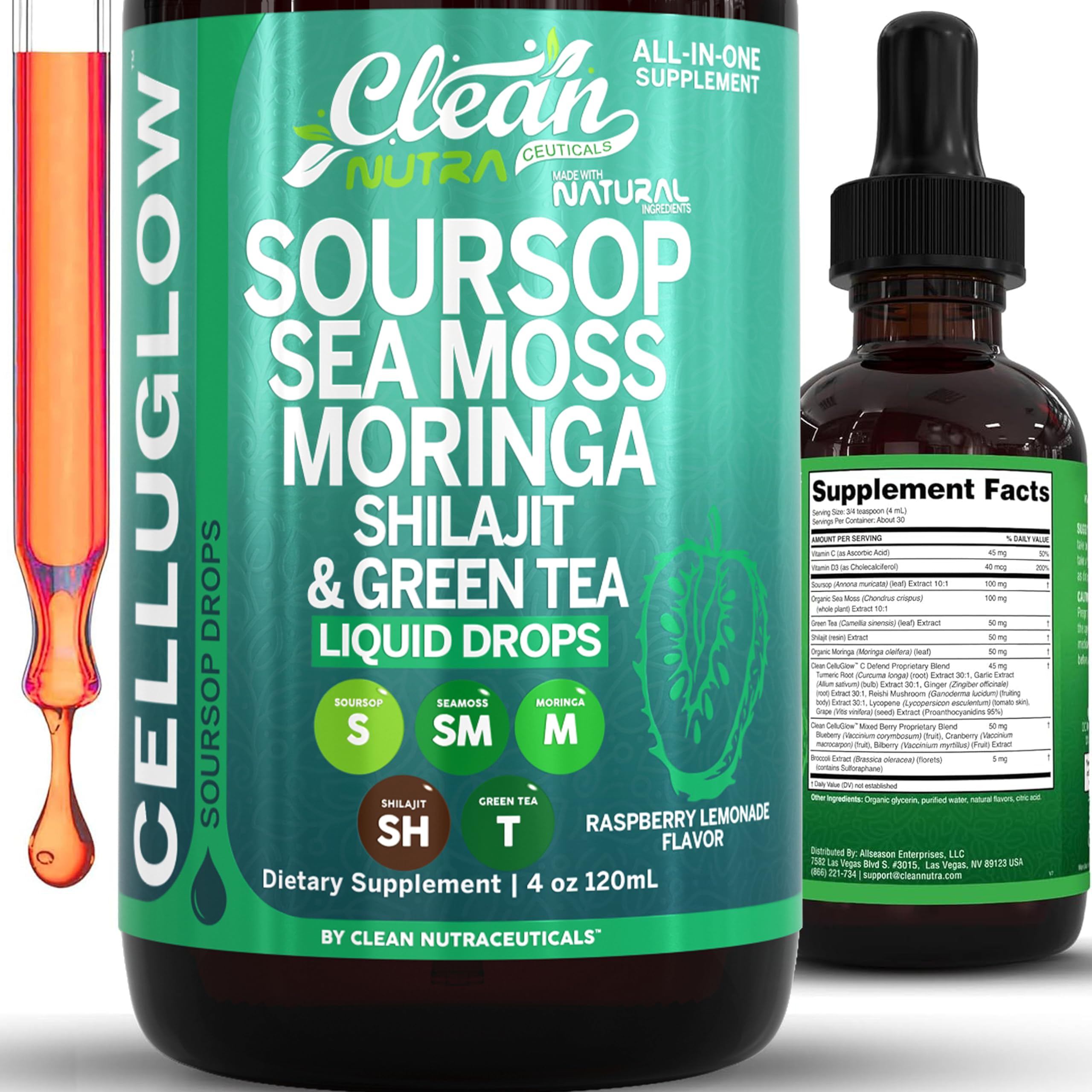 Clean Nutraceuticals frasco frontal CelluGlow muestra tamaño y etiqueta
