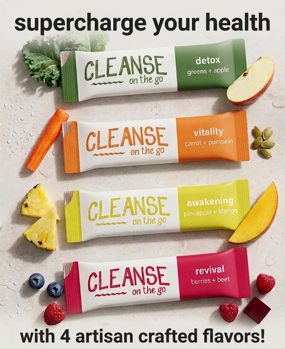 CLEANSE on the go sobre abierto con polvo fino listo para mezclar, fácil preparación
