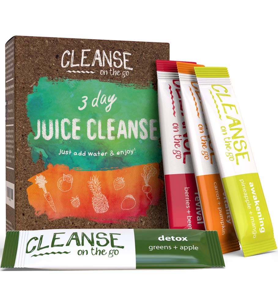 CLEANSE on the go frente del empaque mostrando 21 sobres y beneficios prácticos