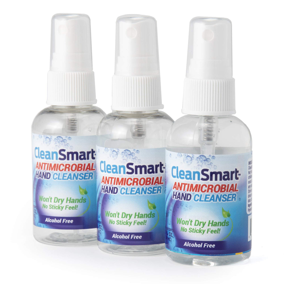 CleanSmart vista frontal del paquete de tres botellas, práctico para viajes