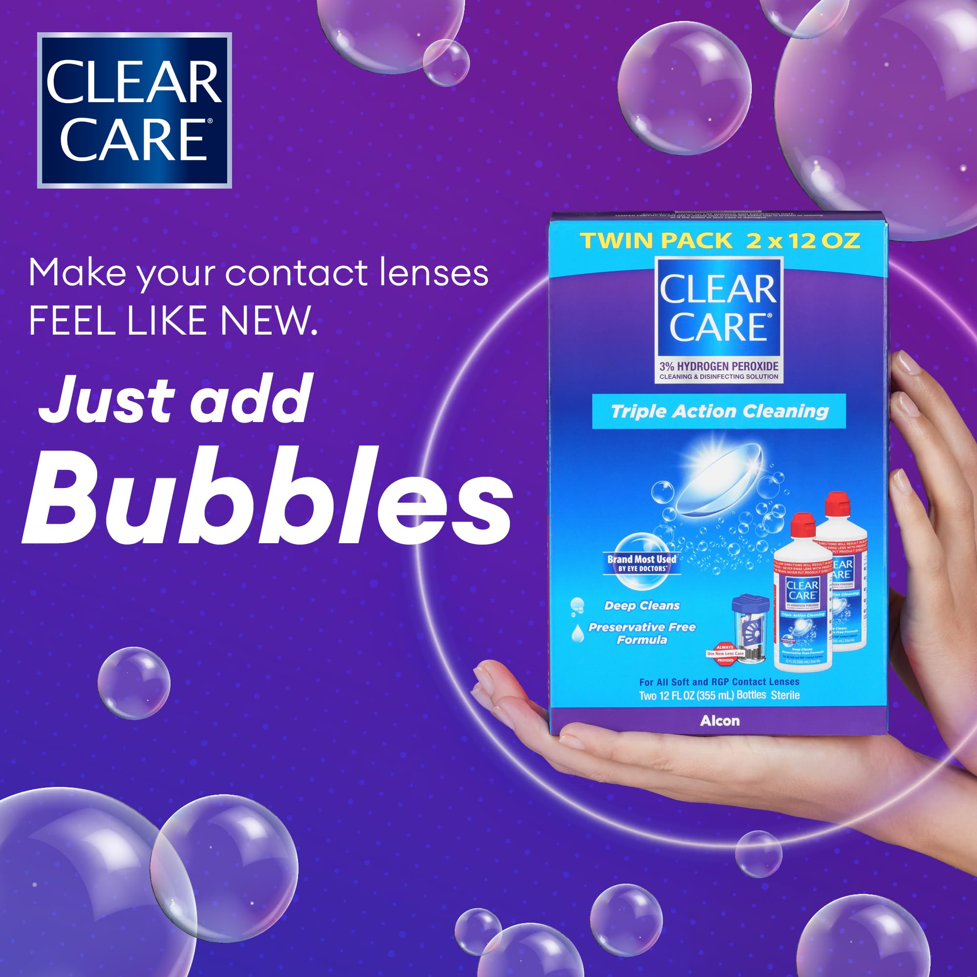 Clear Care detalle de burbujas y textura de la solución, acción visual limpiadora