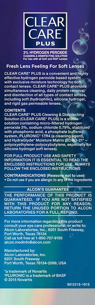 Etiqueta de Clear Care Plus con lista de ingredientes y logo HydraGlyde para confianza informativa