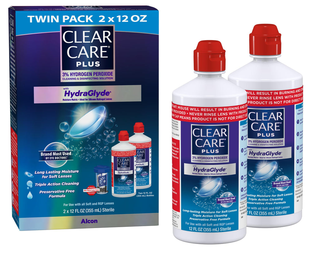 Clear Care botella frontal 12 oz paquete doble mostrando diseño y volumen, limpieza eficaz