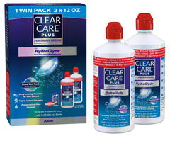 Clear Care botella frontal 12 oz paquete doble mostrando diseño y volumen, limpieza eficaz