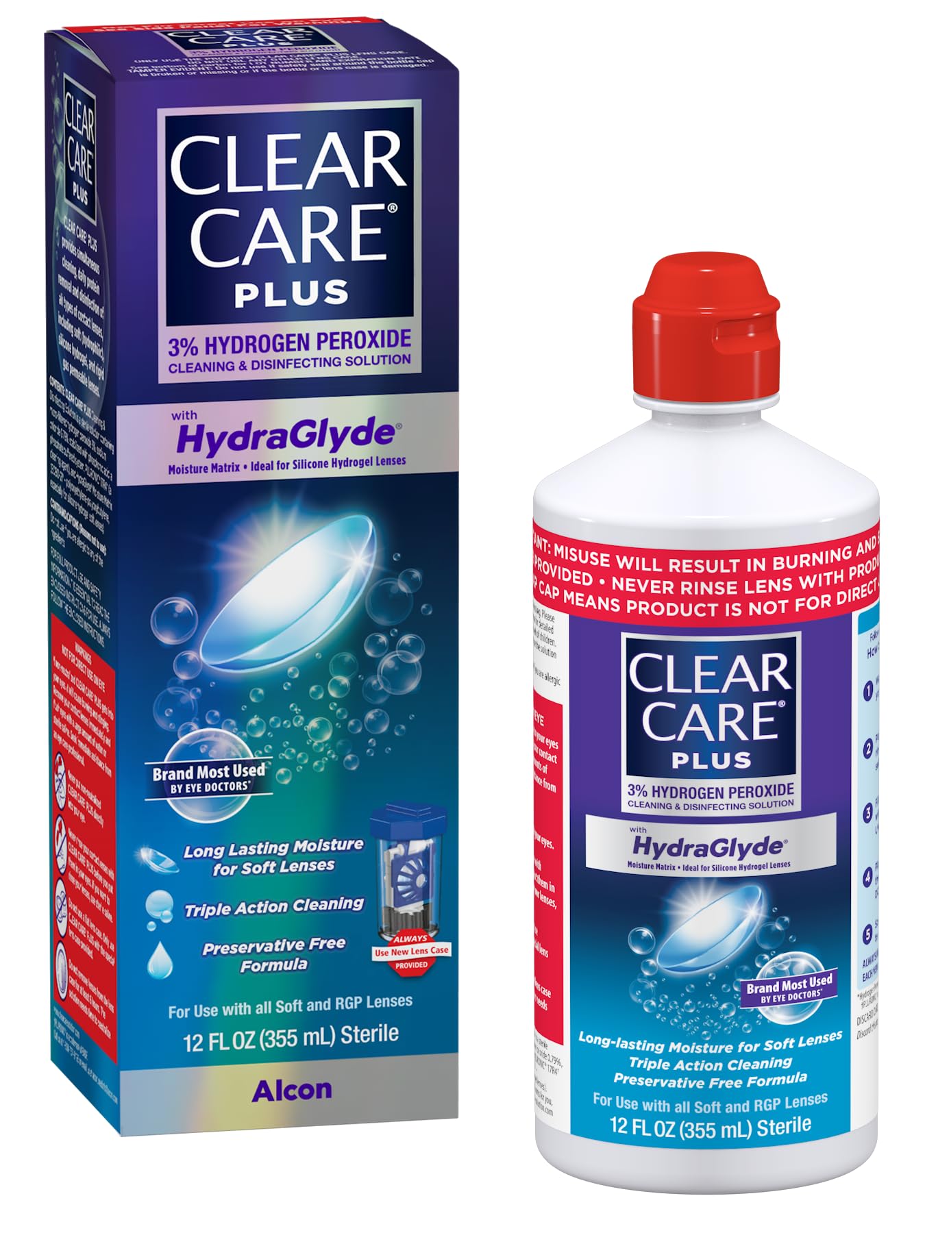 Clear Care frasco frontal mostrando etiqueta y volumen, limpieza confiable