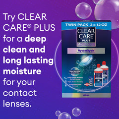 Gota de solución Clear Care Plus destacando textura y pureza con hidratación HydraGlyde