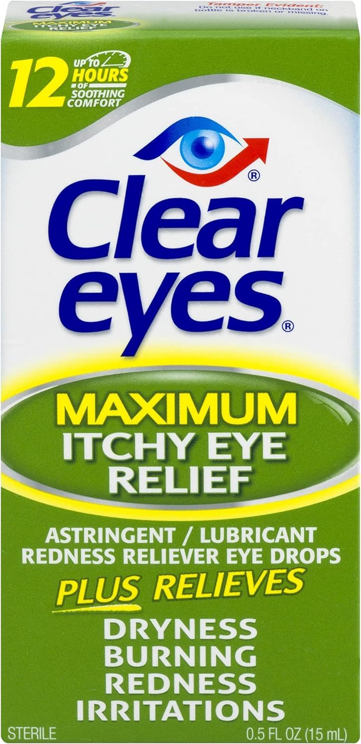 Clear Eyes frontal del pack de 2 mostrando etiqueta y beneficio portátil