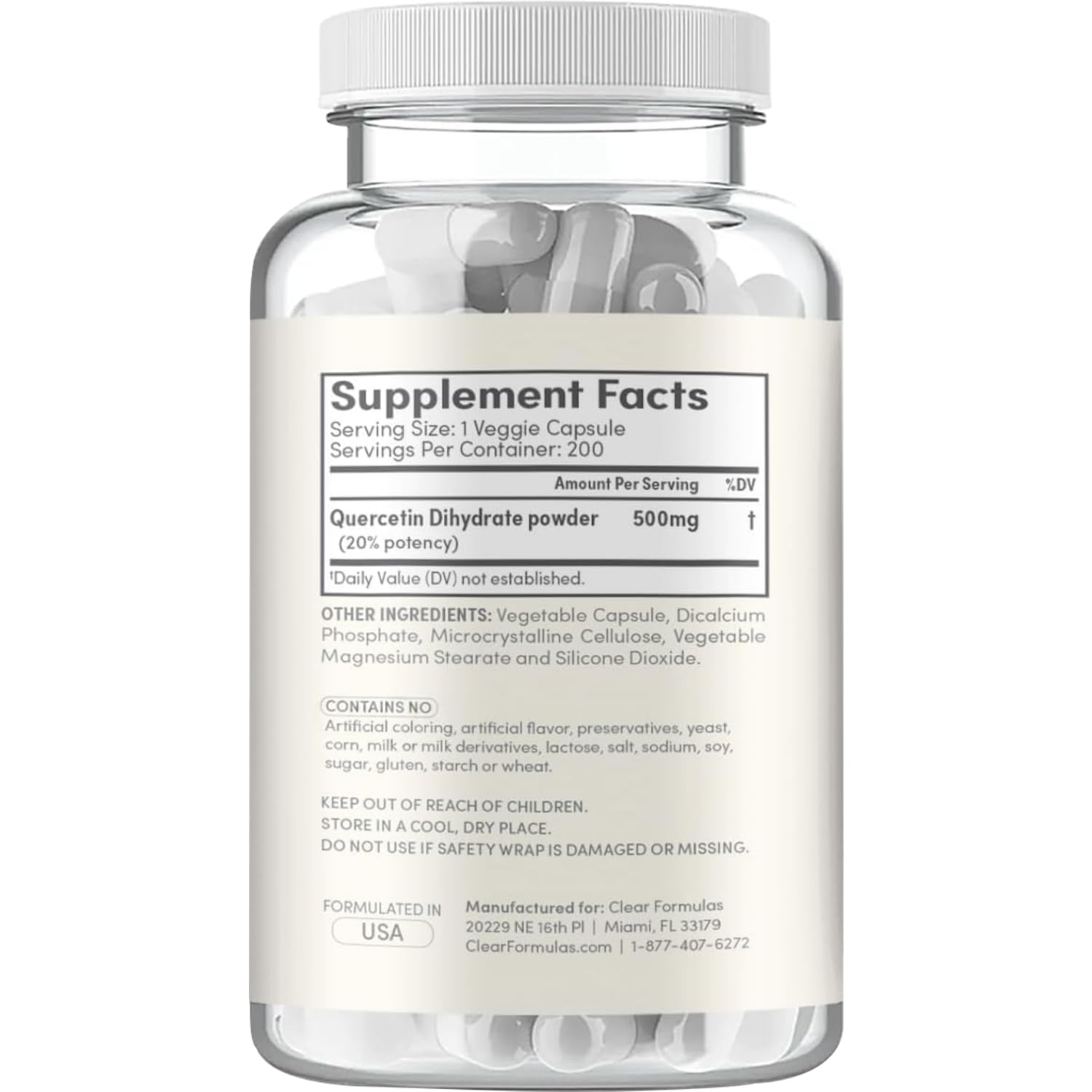 Clear Formulas etiqueta con información de ingredientes y dosificación visible