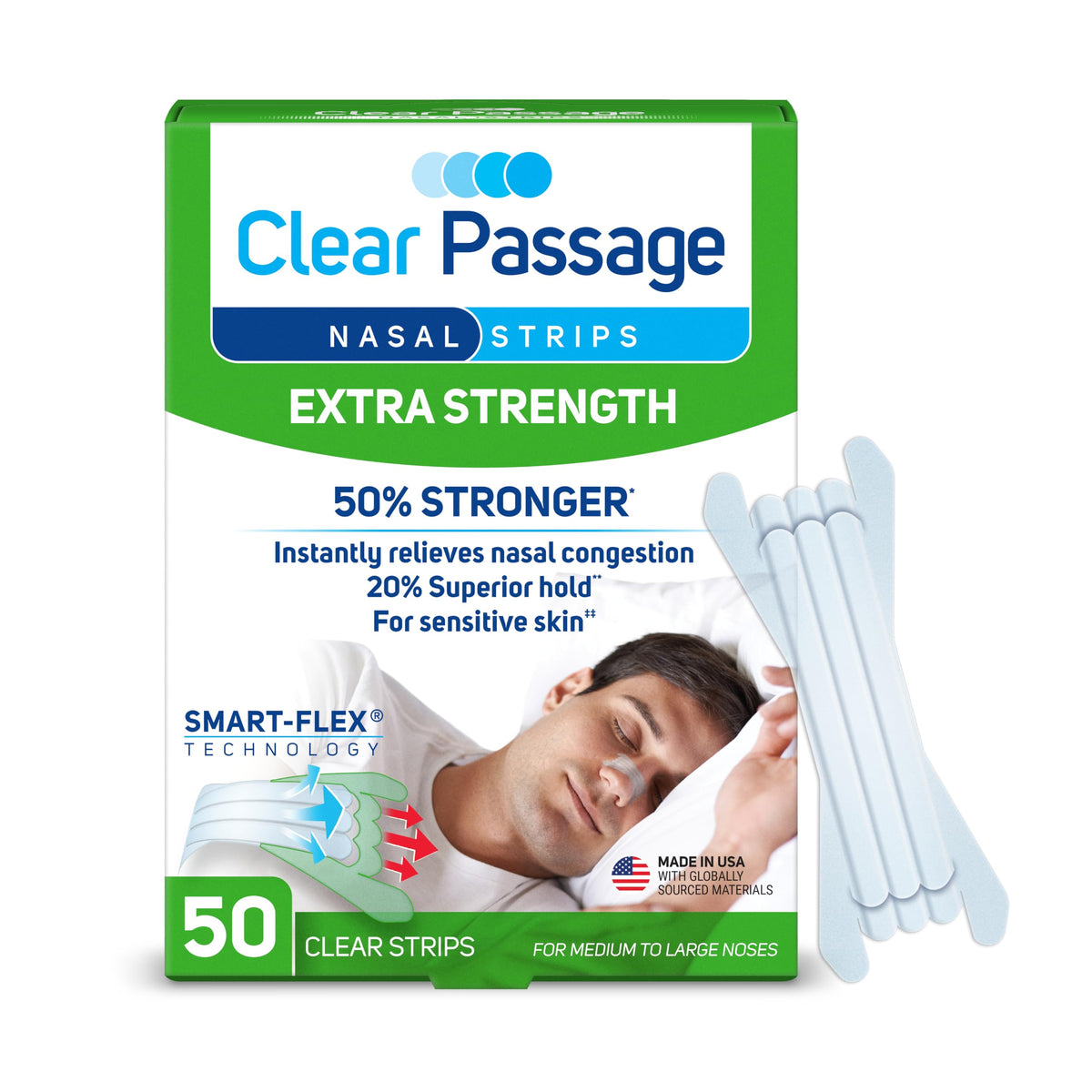 Clear Passage empaque frontal mostrando 50 tiras y beneficios