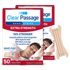 Clear Passage empaque frontal mostrando 100 tiras y beneficio de suministro prolongado