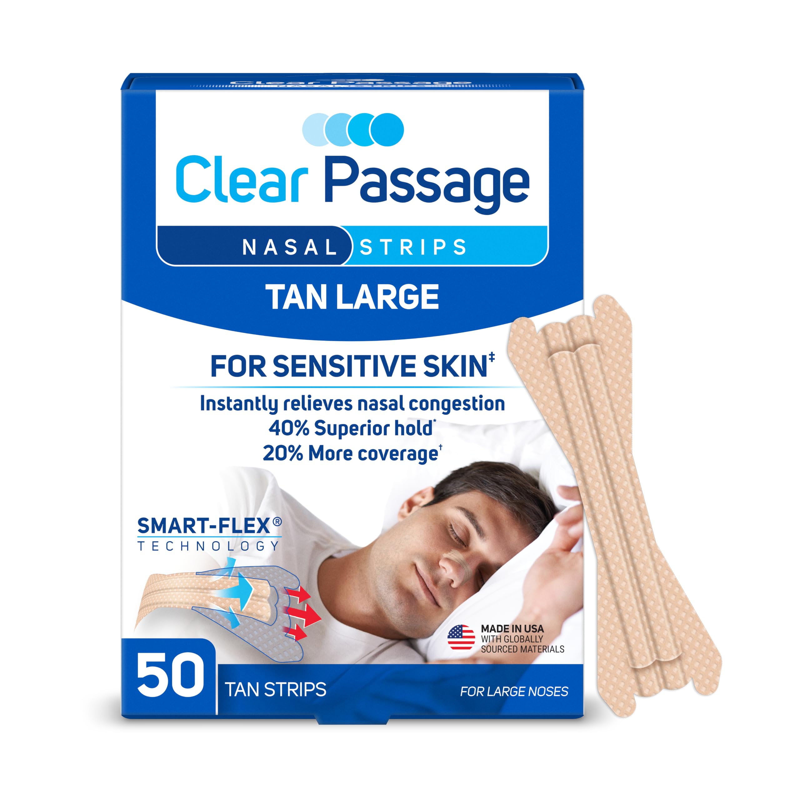 Clear Passage empaque frontal mostrando 50 tiras y tono tan para almacenamiento
