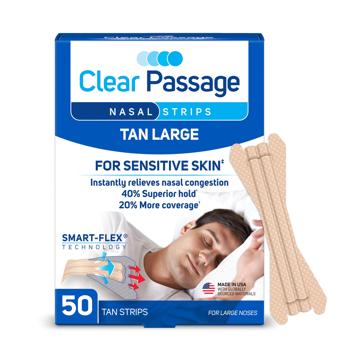Clear Passage empaque frontal mostrando 50 tiras y tono tan para almacenamiento