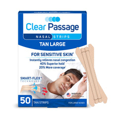 Clear Passage empaque frontal mostrando 50 tiras y tono tan para almacenamiento