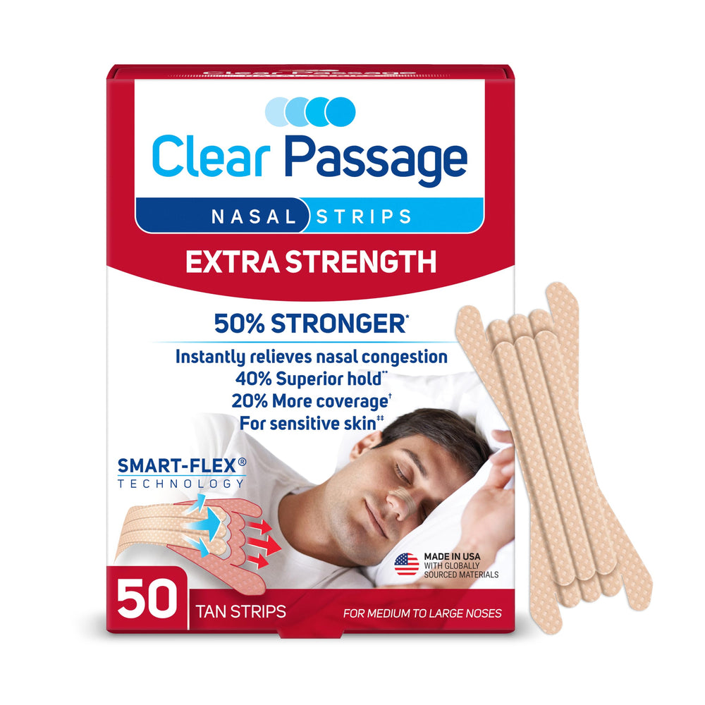 Clear Passage empaque frontal mostrando 50 tiras para mejor respiración