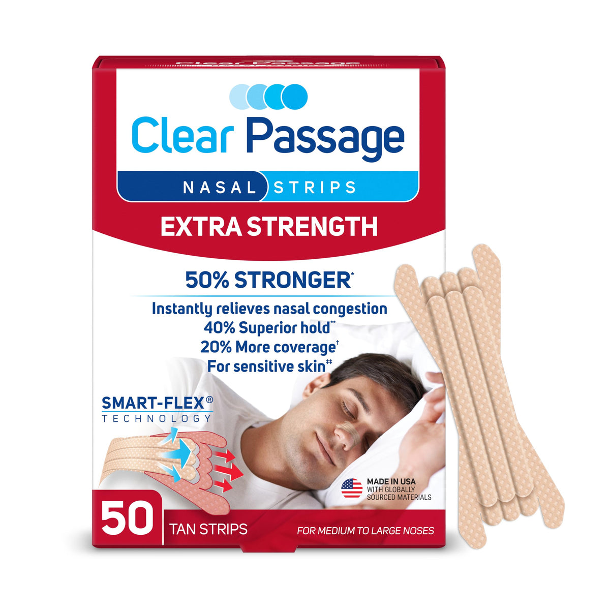 Clear Passage empaque frontal mostrando 50 tiras para mejor respiración