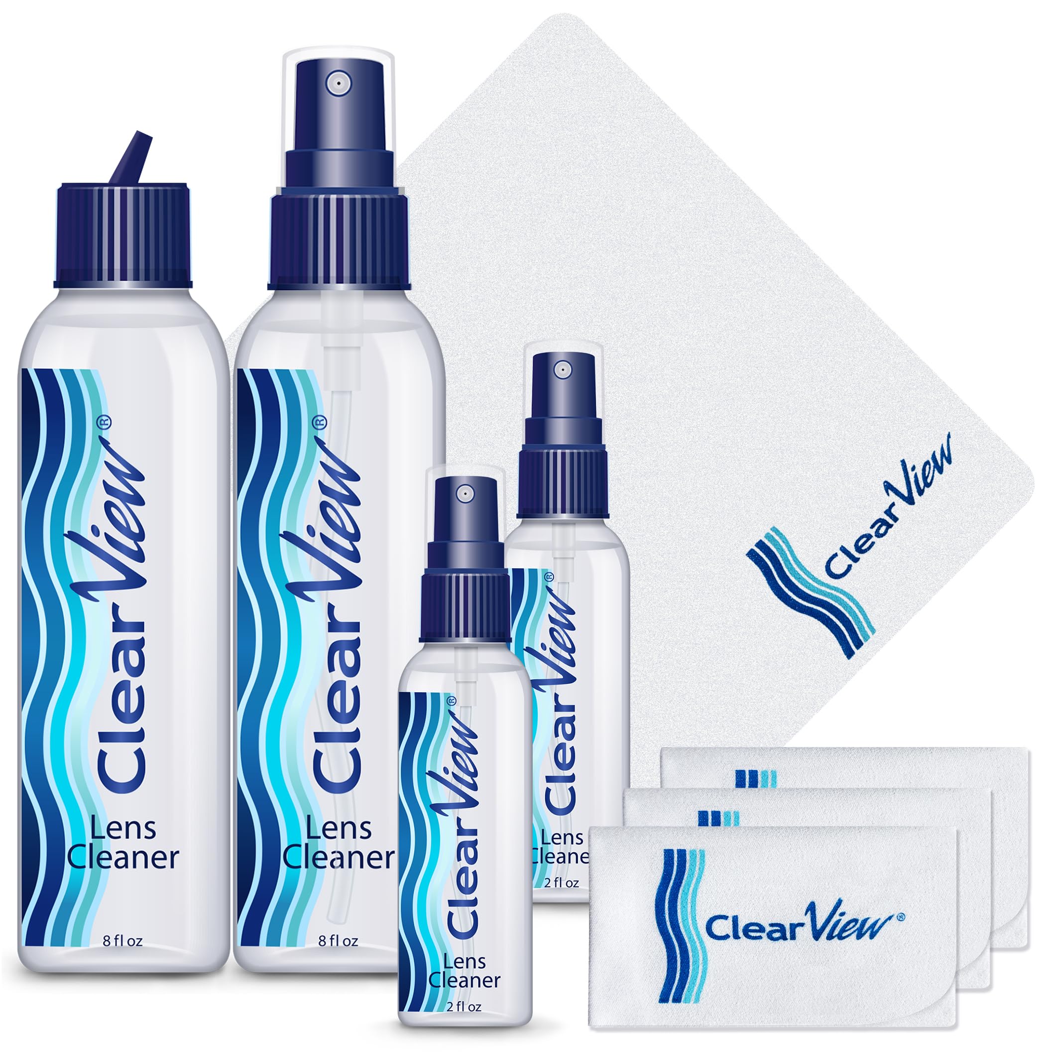 Clear View empaque frontal mostrando sprays y paños, organización práctica
