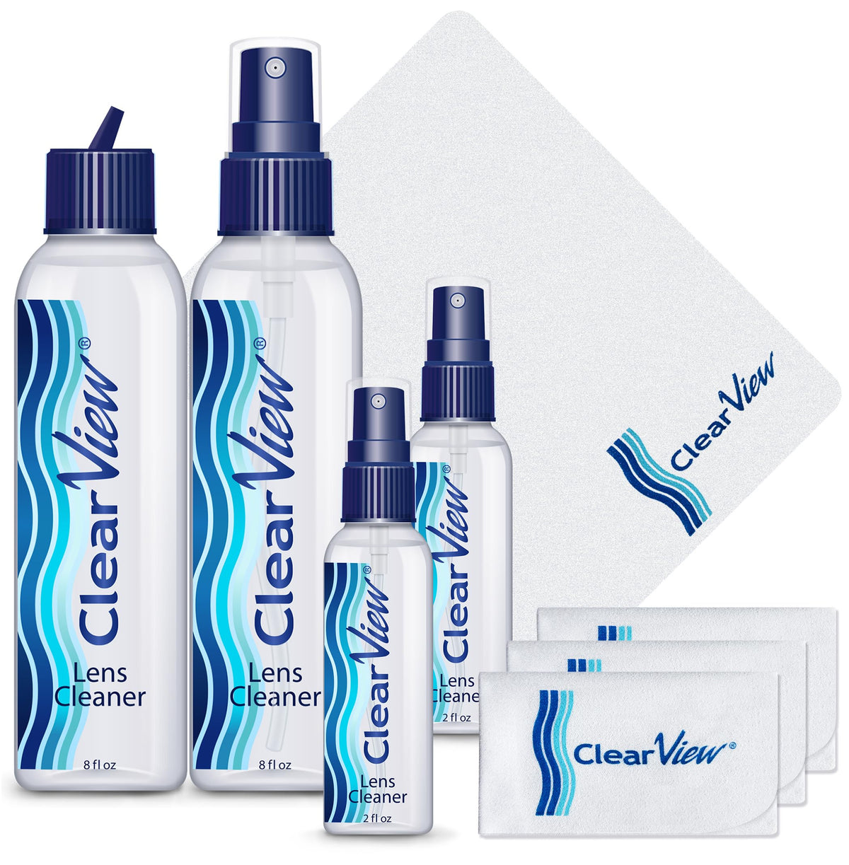 Clear View empaque frontal mostrando sprays y paños, organización práctica