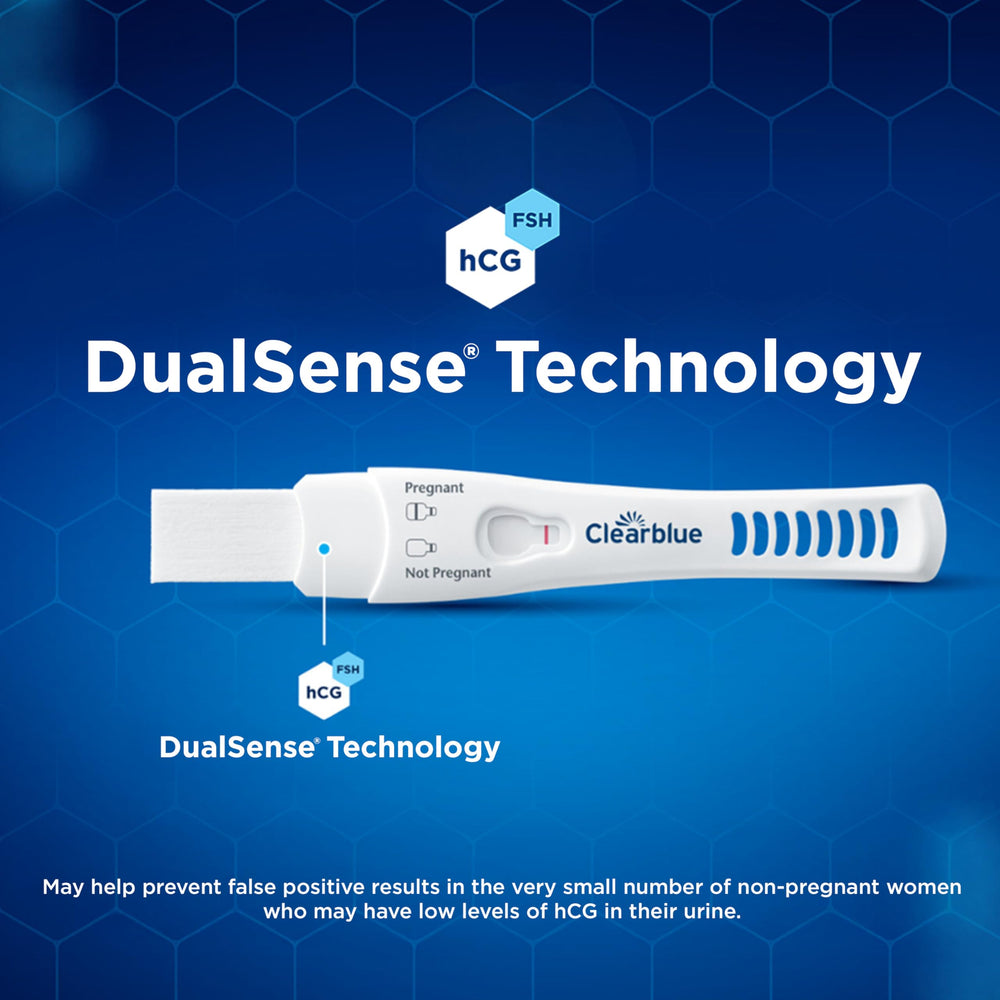 Close-up de Clearblue mostrando la etiqueta DualSense para mayor fiabilidad