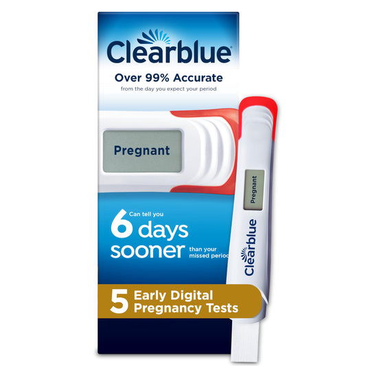 Clearblue embalaje frontal mostrando 5 pruebas y beneficio de detección temprana