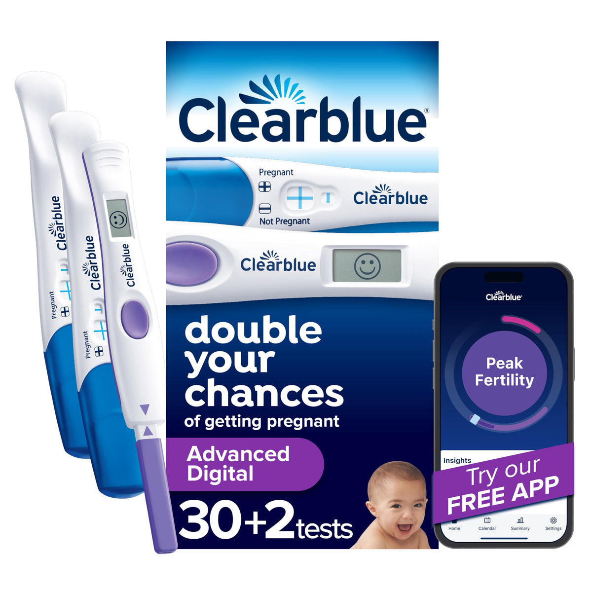 Clearblue empaque frontal 32 unidades mostrando cantidad y marca, confianza rápida