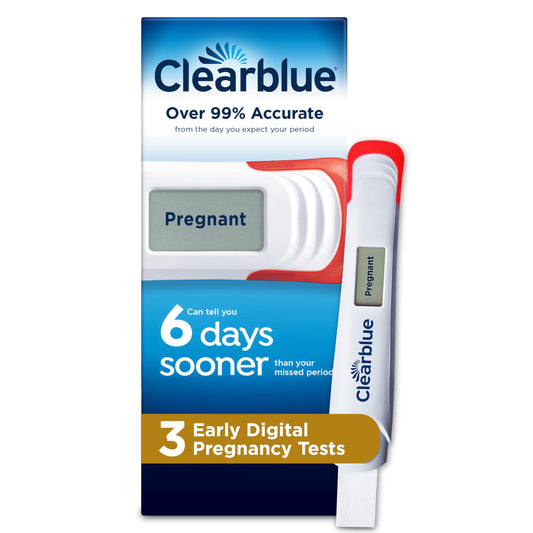 Clearblue empaque frontal mostrando las tres unidades y beneficio de detección temprana