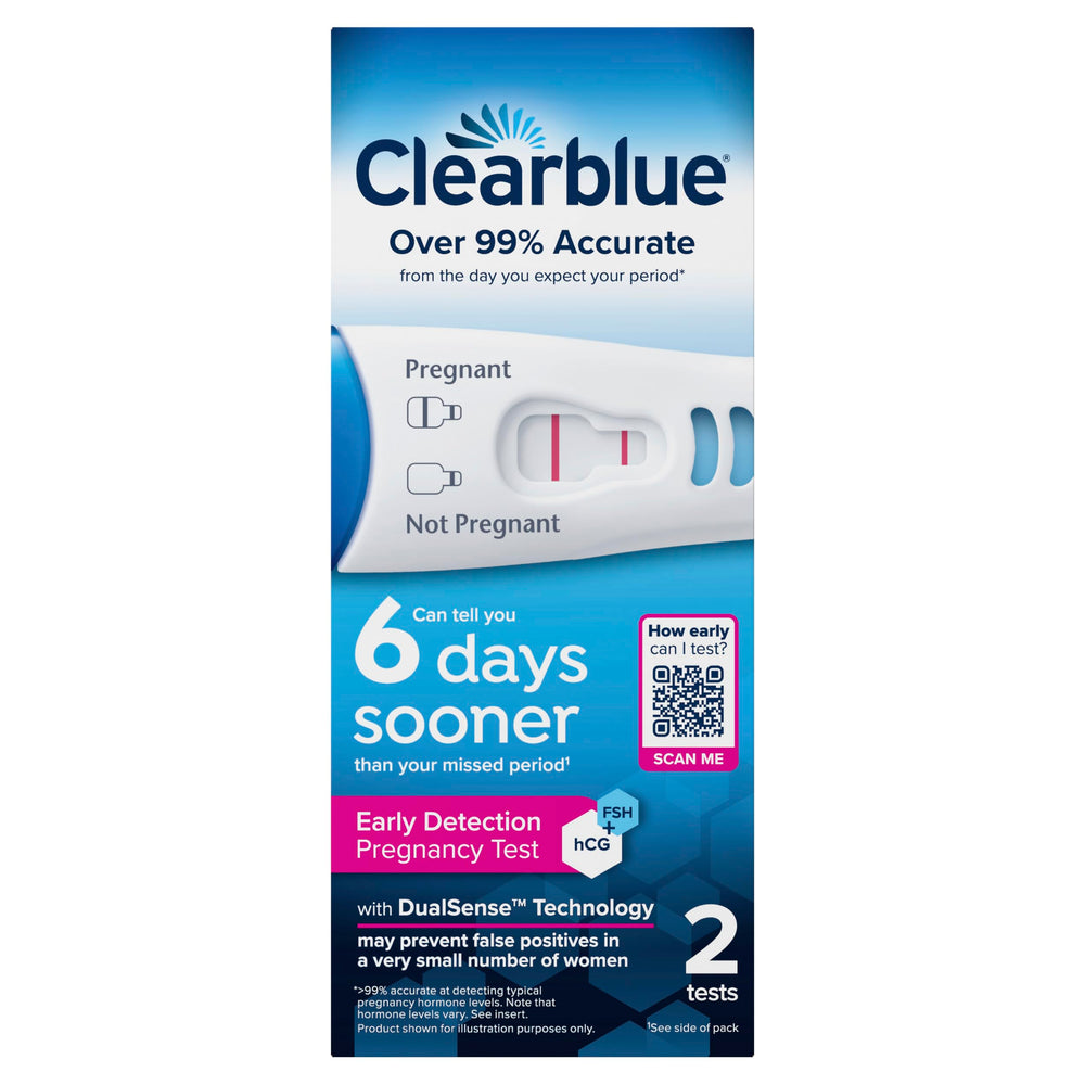 Clearblue envase frontal mostrando el nombre y beneficio de detección temprana