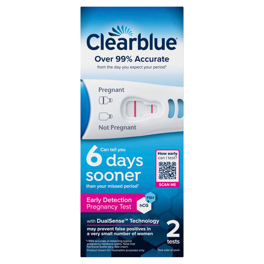 Clearblue envase frontal mostrando el nombre y beneficio de detección temprana
