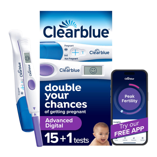 Clearblue frente del empaque mostrando 16 pruebas y beneficio de uso claro