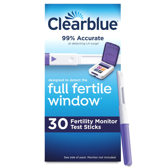 Clearblue empaque frontal mostrando 30 tiras y beneficio conveniencia