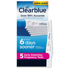 Clearblue frente del empaque mostrando las cinco pruebas y beneficio de detección temprana