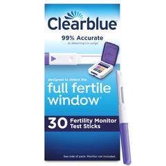 Clearblue empaque frontal mostrando 30 tiras y beneficio conveniencia