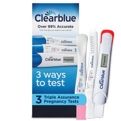 Clearblue empaque frontal mostrando las tres pruebas y conveniencia