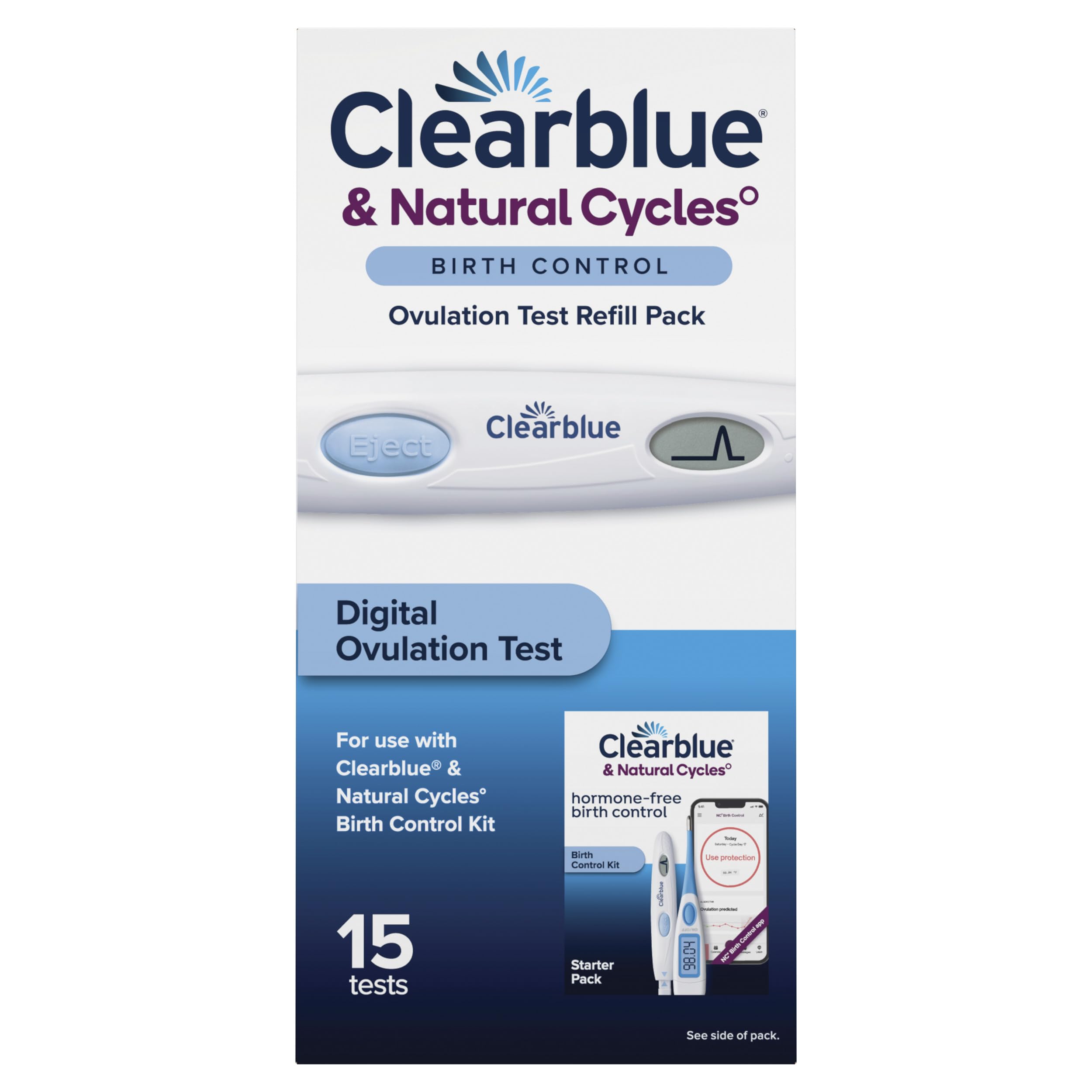Clearblue frente del empaque mostrando 15 tests y lector, facilita continuidad