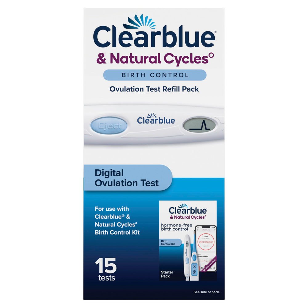 Clearblue frente del empaque mostrando 15 tests y lector, facilita continuidad