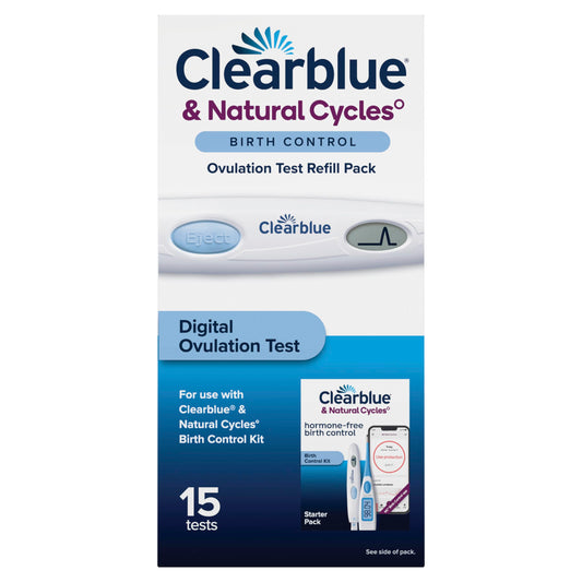 Clearblue frente del empaque mostrando 15 tests y lector, facilita continuidad
