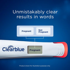 Clearblue kit con 2 unidades junto a regla, comparación de tamaño práctica