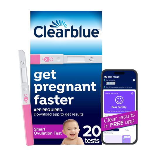 Clearblue empaque frontal mostrando kit de 20 pruebas y beneficio de identificación fértil