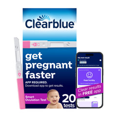 Clearblue empaque frontal mostrando kit de 20 pruebas y beneficio de identificación fértil