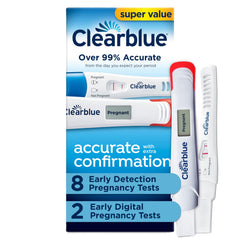 Clearblue embalaje frontal mostrando el kit y beneficios de detección temprana