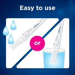 Clearblue persona usando la prueba en baño para uso privado y sencillo