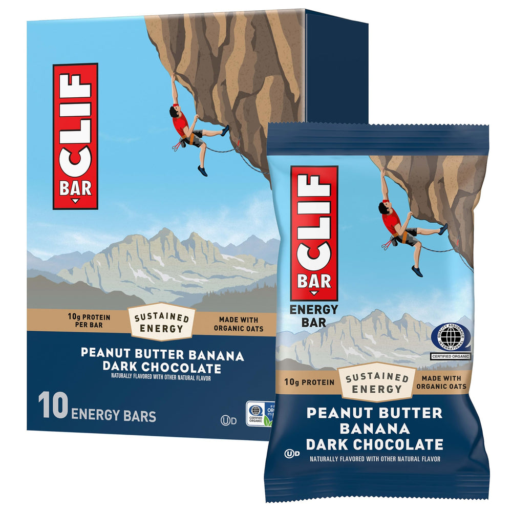 CLIF Bar empaque frontal mostrando caja de 10 barras y beneficio energía rápida