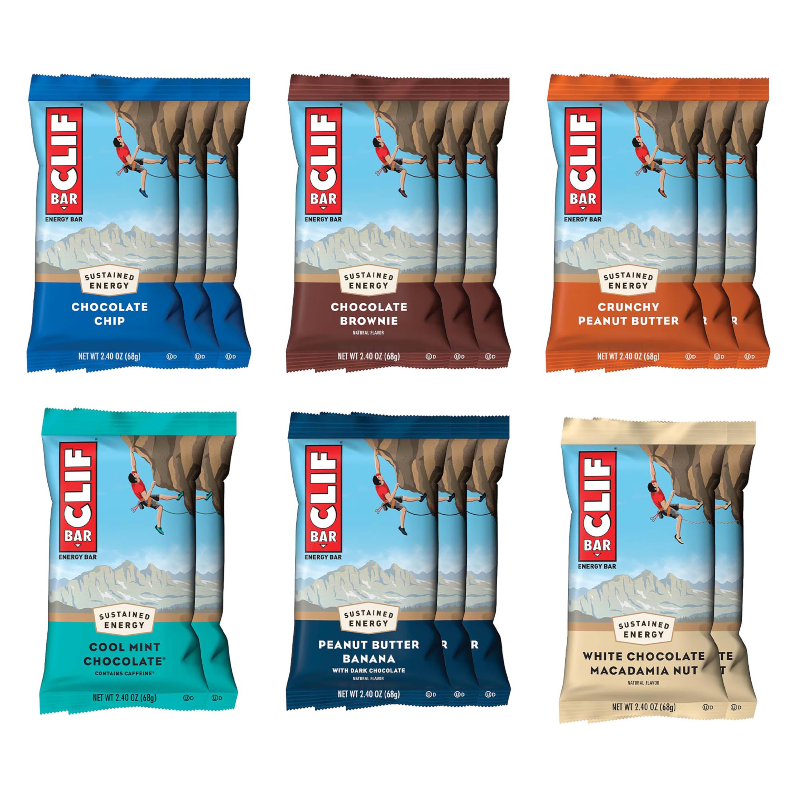 CLIF Bar frontal de la caja variedad 16 mostrando sabores y marca, práctico para pillar energía