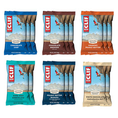 CLIF Bar frontal de la caja variedad 16 mostrando sabores y marca, práctico para pillar energía
