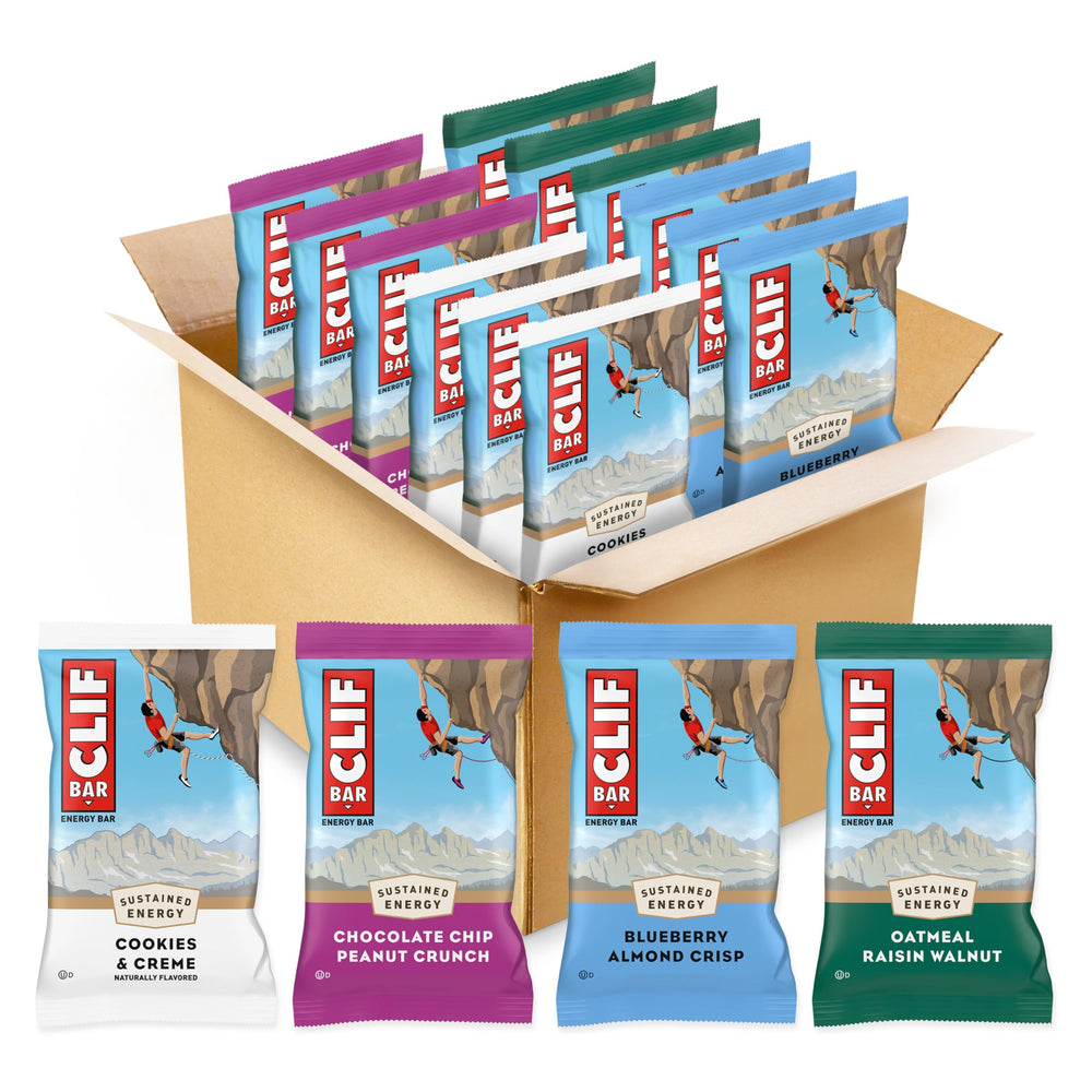 CLIF Bar frontal del pack variedad mostrando sabores y beneficios energéticos