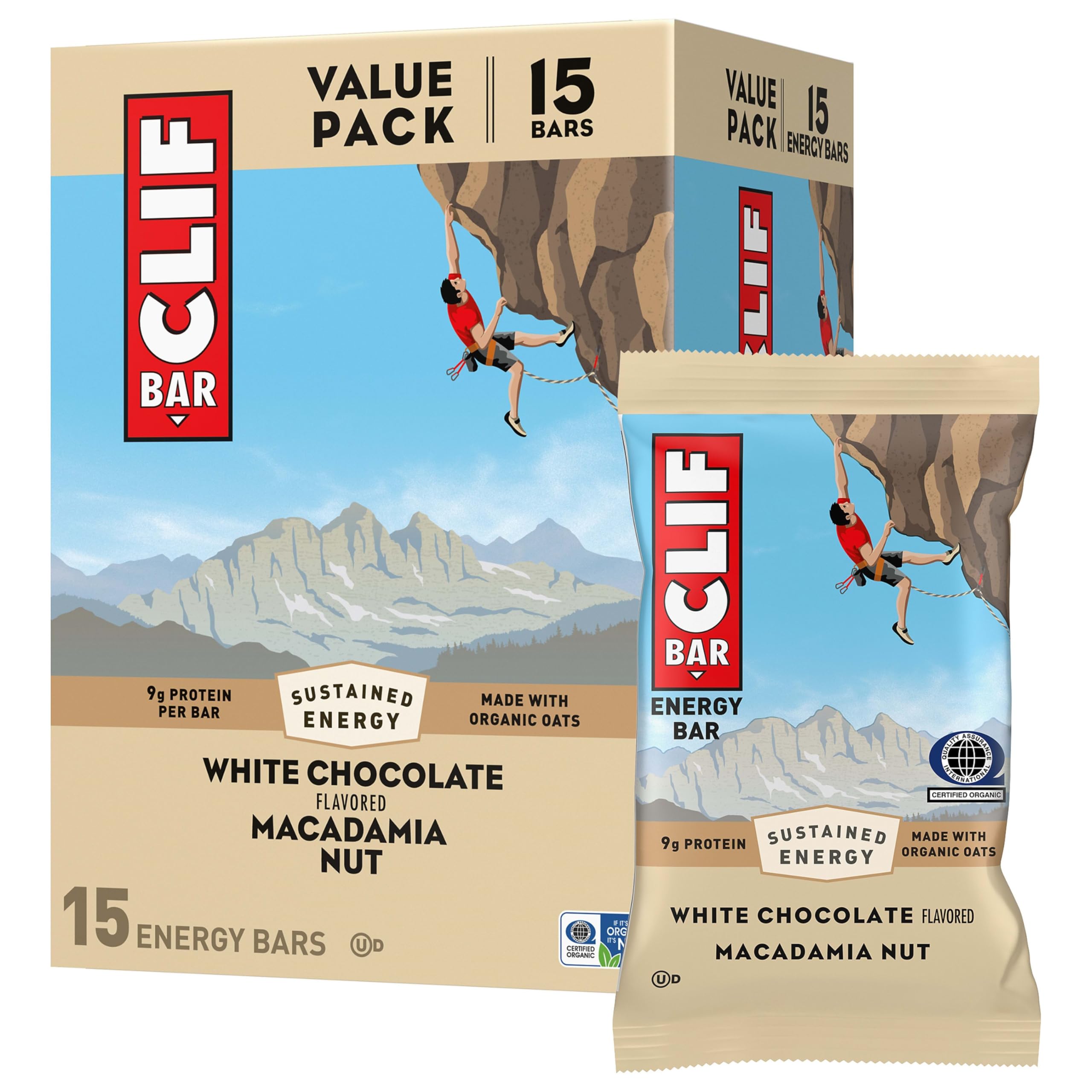 CLIF Bar caja de 15 barras White Chocolate Macadamia Nut mostrando el envase